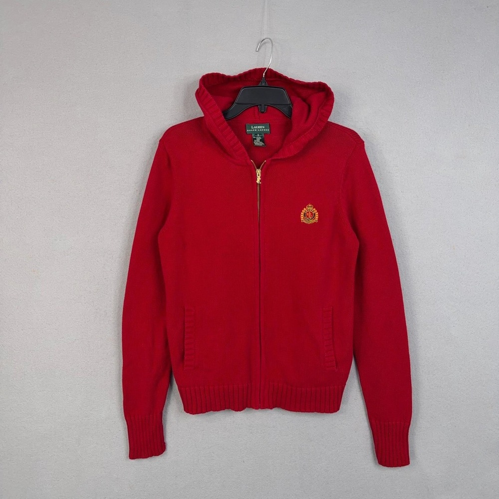 Vintage Lauren Ralph Lauren Cardigan Sweater Womens Small Red Hooded Crest Knit